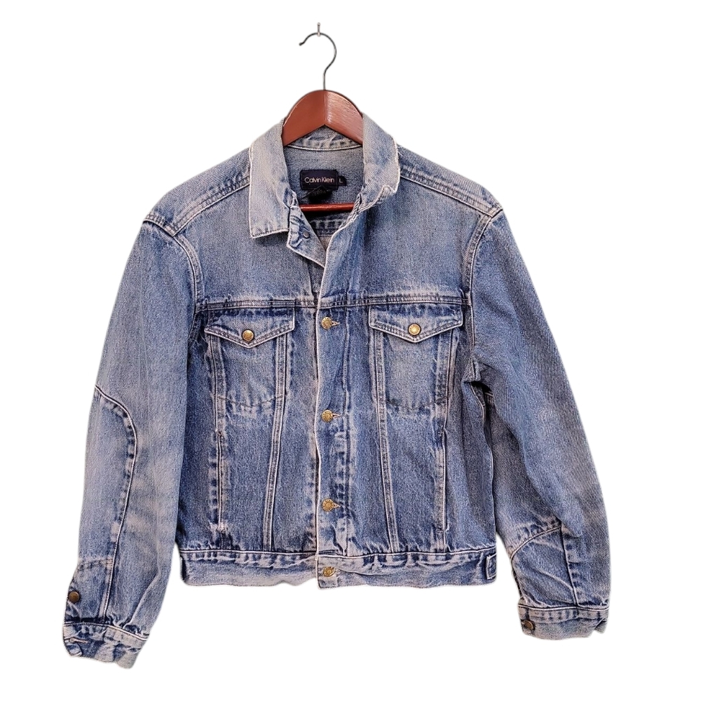 Vintage Calvin Klein 80s Womens Rare Denim Trucker‎ Jacket Distressed Size Large